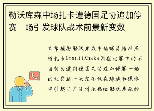 勒沃库森中场扎卡遭德国足协追加停赛一场引发球队战术前景新变数
